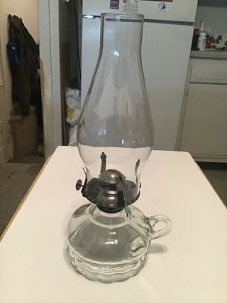 Vintage Lamplight Farms Clear Glass Finger Hole Kerosene Oil Lamp With Chimney