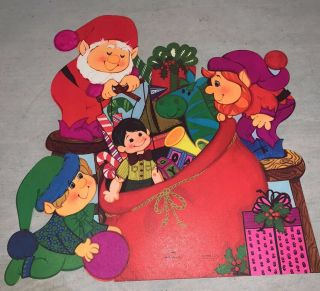 Vintage Hallmark Cards Die Cut Cardboard Elf Santa Bag Toys Decoration