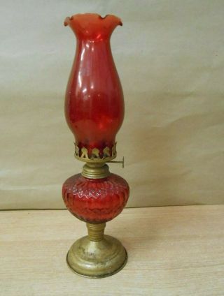 Vintage Oil Lamp Red Cranberry Glass Metal Paraffin