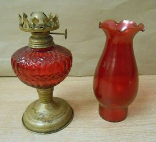 Vintage Oil Lamp Red Cranberry Glass Metal Paraffin 2