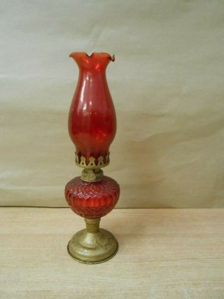 Vintage Oil Lamp Red Cranberry Glass Metal Paraffin 3