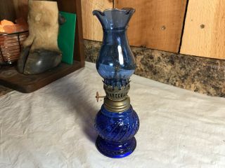 Vintage Small Cobalt Blue Glass Oil Lamp Made In Hong Kong