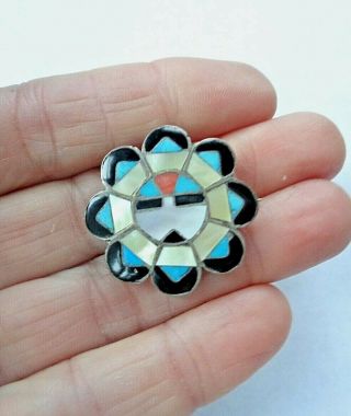 Vintage Zuni Sterling Silver 925 Turquoise Sun Face Pin Pendant