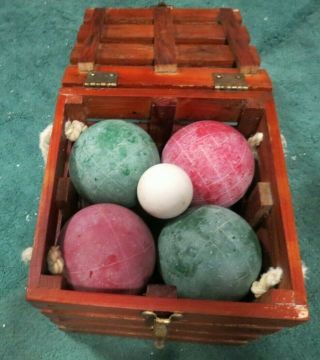 Vintage Sportcraft Wood Bocce Ball Set Of 8 With Pallino And Wood Travel Case
