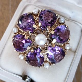 Vintage 14k Yellow Gold 585 Amethyst Seed Pearl Flower Statement Ring Sz 5.  5