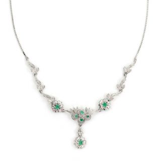 Vintage Emerald 14k White Gold Floral Leaf Design Fancy Necklace