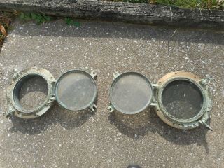 Two Antique Maritime Solid Brass Perko Portholes.  Early Brass Portholes