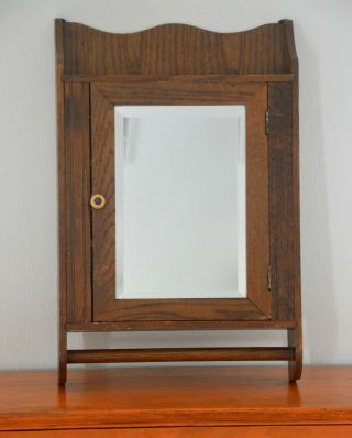 Vintage Stained Wood Wall Hung Medicine Cabinet,  With Beveled Mirror
