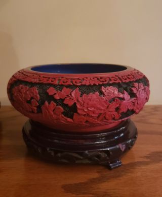 Vintage Chinese Cinnabar Carved With Blue Enamel Bowl With Wood Base