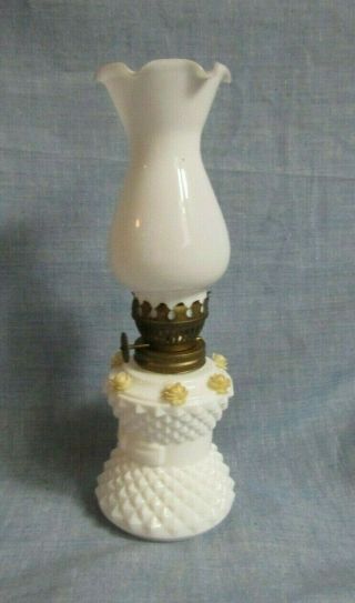 Vintage Milk Glass Miniature Oil Lamp With Roses Plain Chimney