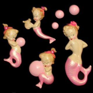 Vintage Mermaid Wall Plaque Chalkware Mom & Baby Hanging Set With Bubbles