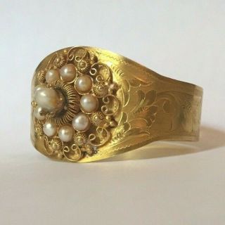 Victorian Etruscan Revival 14k Gold Pearl Engraved Cuff Bracelet 19.  7g
