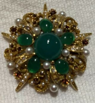 Vintage Art Brooch With Green Glass And Faux Pearls