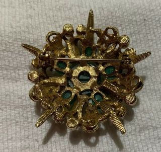 Vintage Art Brooch With Green Glass And Faux Pearls 3