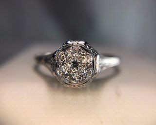 Vintage Art Deco 18k White Gold Old European Diamond Cluster Engagement Ring