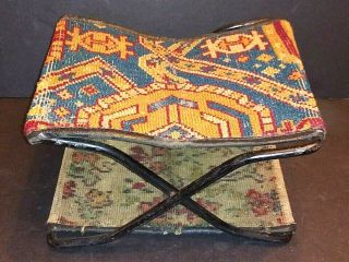 Carriage Buggy Foot Stool Rest Child Seat Horse Iron Tapestry Wool Antique Vtg