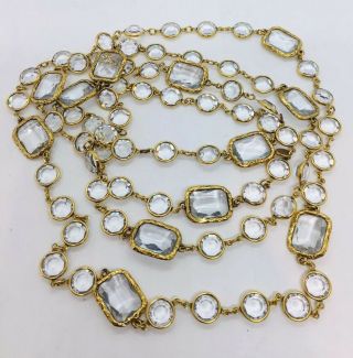 Chanel Vintage Authentic Gold Plated Clear Crystal Chicklet Sautoir Necklace 66”