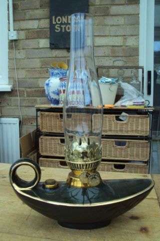 Vintage Large Twin Wick Duplex Genie Oil Lamp With Glass Chimney