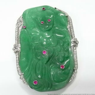 Rarest Largest Gia Type A Jadeite Jade Platinum Pin Diamond Ruby Art Deco Brooch