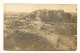 Wwi Rppc: " Ypres ".  British Tank Out Of Action On Battlefield,  Shell Craters.