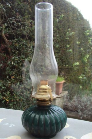 Vintage Farms Lamp Light Oil Lamp With Green Moulded Glass Base & Chimney.