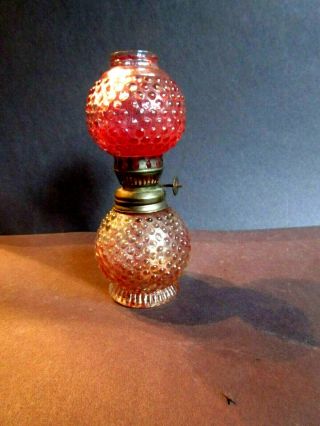 Vintage Miniature Cranberry Hobnail Gone With The Wind Oil Lamp Hong Kong 6 3/4 "