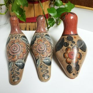 3 Vtg Tonala Hand Painted Birds Mexican Folk Art Pottery Figurines Tucan Dove