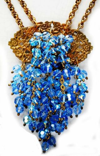Vintage Art Nouveau Blue Crystal Dangle Brass Brass Statement Necklace Antique