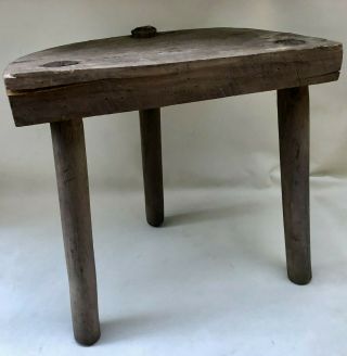 Antique French Rustic Handmade 3 Leg Wooden Milking Stool With Half Moon Seat