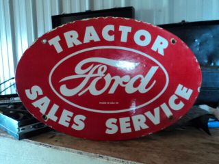 Large Vintage 1959 Ford Tractor Sales - Service Porcelain Enamel Dealership Sign
