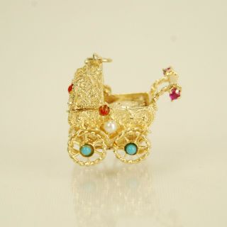 Vtg 14k Yellow Gold Jeweled 3d Baby Carriage Stroller Charm Pendant 12.  2g