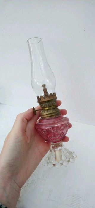 Antique Vintage Small Pressed Glass Oil Lamp 30s Chimney Pink Old Bedside Chic