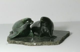 Vintage Mid 20thc Inuit 2 Seals Dark Green Stone Carving W Marble Base Sculpture