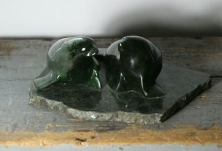 Vintage Mid 20thC Inuit 2 Seals Dark Green Stone Carving w Marble Base Sculpture 2