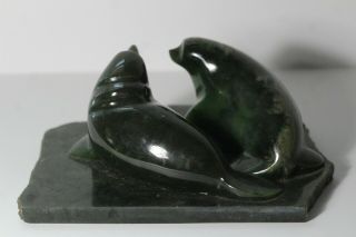 Vintage Mid 20thC Inuit 2 Seals Dark Green Stone Carving w Marble Base Sculpture 3
