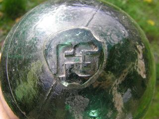 F G - Antique Dark Green Glass Buoy Fishing Float With Applied Seal Marked F G
