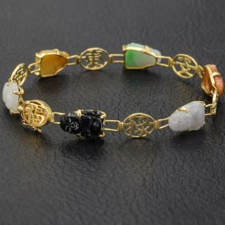 Vintage 14k Yellow Gold Multi Color Carved Jade Buddha Link Bracelet 7.  4 Grams