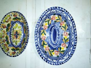 (2) Mexican Signed Talavera Pottery Oval Dishes Hand Made & Painted 8in.  & 10in