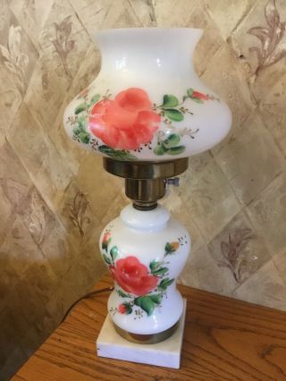 Vintage Milk Glass Table Lamp Hand Painted Rose Marble Base Hurricane Light