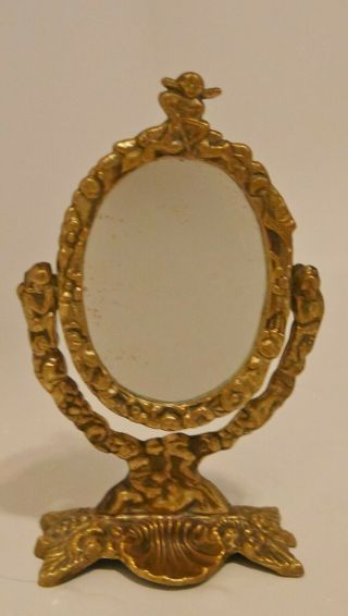 Small Antique French Rococo Brass Style Swivel Table Mirror With Cherubs