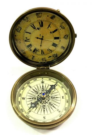 Nautical Antique Maritime Brass Compass With Clock Vintage Marine Desk Decor