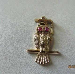 Vintage Tiffany & Co 14k Yellow Gold Wise Old Owl With Ruby Eyes Charm Pendant