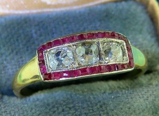 Vintage 18k gold platinum ART DECO ANTIQUE 1920 ' s OLD MINE CUT DIAMOND RUBY ring 2