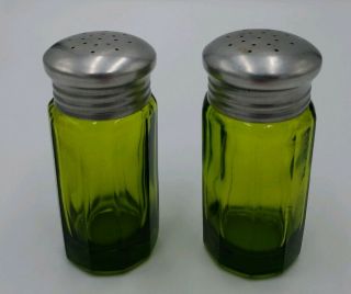 Pair Vintage Green Glass Salt & Pepper Shakers W/metal Lids 10 Panels