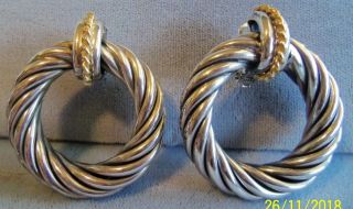 Antique Sterling Silver Italy Large Heavy Cable Hoop Pierce Earrings 25.  1gram