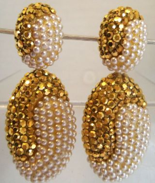Richard Kerr Vintage Massive Pearl & Gold Crystal Couture Clip Back Earrings 3in