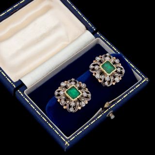 Antique Vintage Nouveau 18k Gold Spanish Emerald Diamond Heavy Wedding Earrings