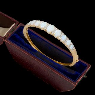 Antique Vintage Deco Style 14k Gold Australian Fire Opal Diamond Bangle Bracelet