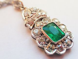Art Deco Emerald Old Mine Cut Diamond Platinum 14k Pendant Necklace Estate 16in