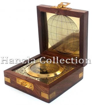 Antique Nautical Brass Wooden Box Compass Maritime Navy Marine Ship Desk Compass